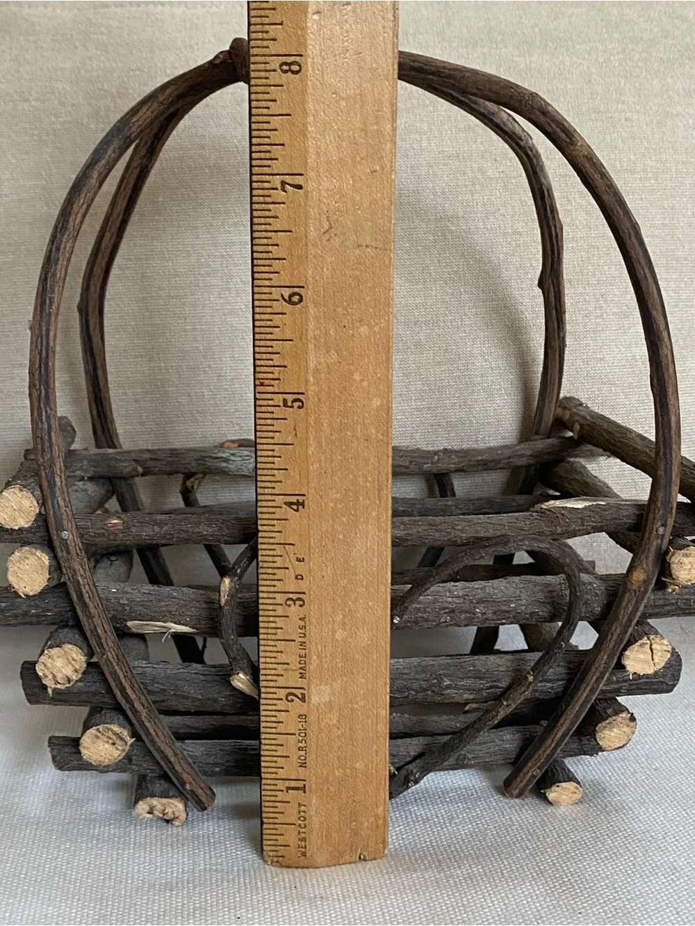 VTG Rustic Primitive Twig Basket W Heart Double Sided Cottagecore Grannycore 9”